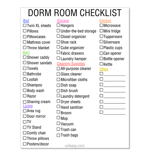 Dorm Room Checklist Printables