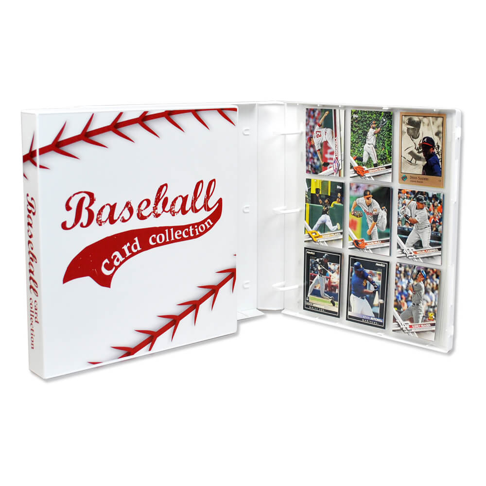 Open baseball card binder displaying sleeves with sports cards in them.