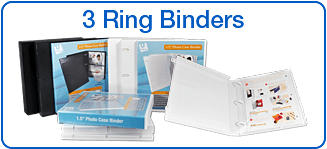 A group of 3 ring binders of various sizes set on display